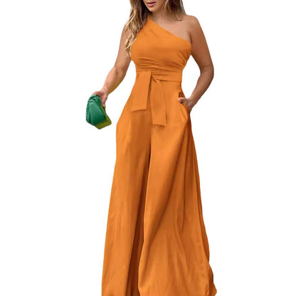 Damen Eleganter Jumpsuit mit asymmetrischem Ausschnitt und Taillengürtel Stalluxe