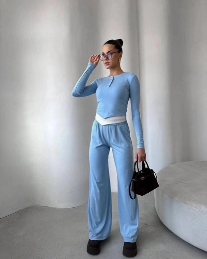 Damen gemütlicher Lounge-Anzug mit elegantem Kragen und weitem Bein Stalluxe