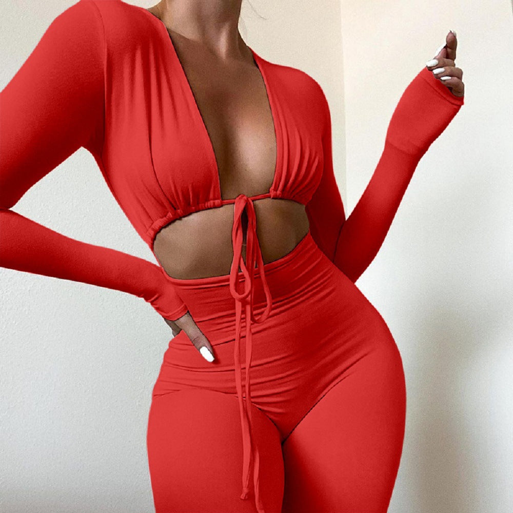 Damen figurbetonter Jumpsuit mit tiefem V-Ausschnitt und eleganten langen Ärmeln Stalluxe