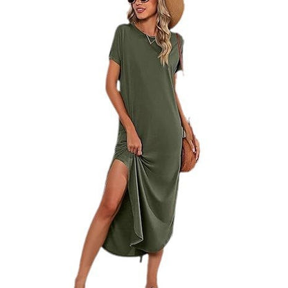 Damen Lässiges Maxikleid mit seitlichem Schlitz und feinem Rundhalsausschnitt Stalluxe