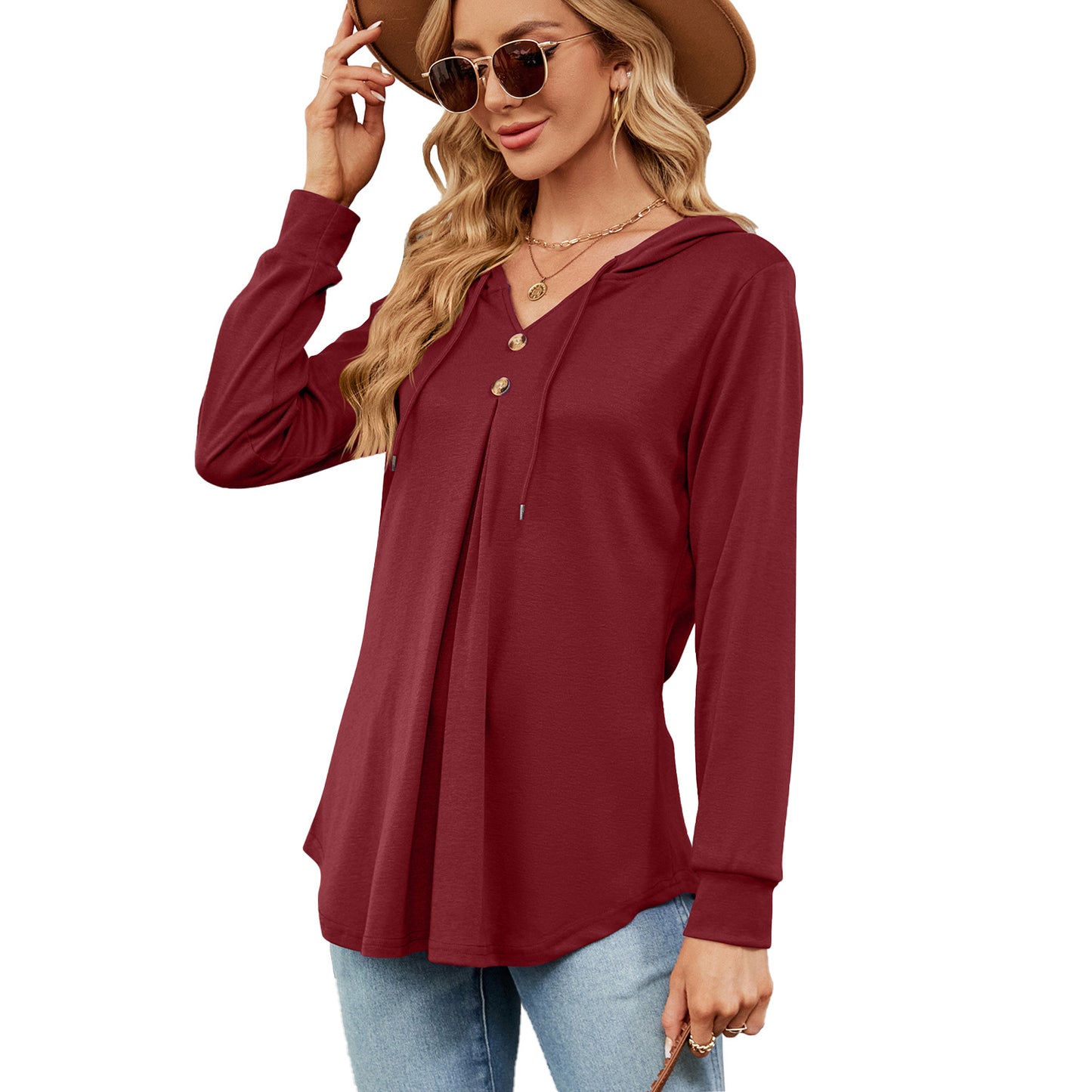 Damen Viskose Hoodie mit Knopfleiste und asymmetrischem Saum Stalluxe