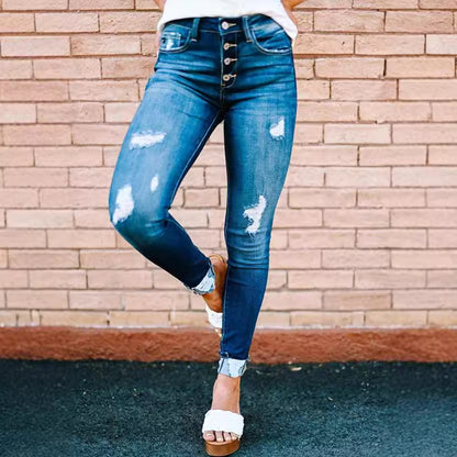 Damen High-Waist Skinny Jeans mit modischen Knopfdetails Stalluxe