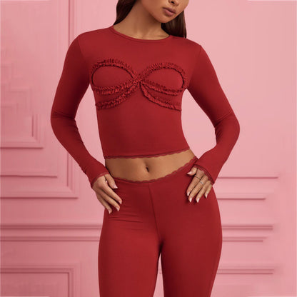 Damen körperbetontes Langarm-Crop-Top mit Rüschendetails Stalluxe Rot