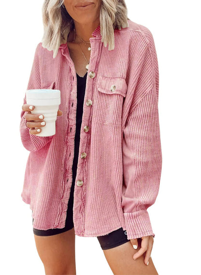 Damen Oversized Waffle-Shirtjacke mit Knopfleiste und praktischen Taschen Stalluxe