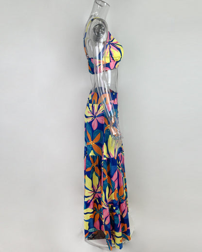 Damen Maxi-Rock mit kurzem Oberteil und buntem Blumenmuster Stalluxe
