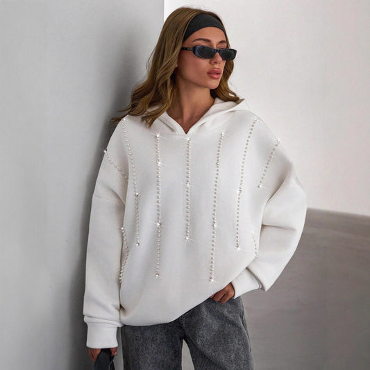 Damen Oversized Kapuzenpullover mit eleganten Perlenakzenten Stalluxe