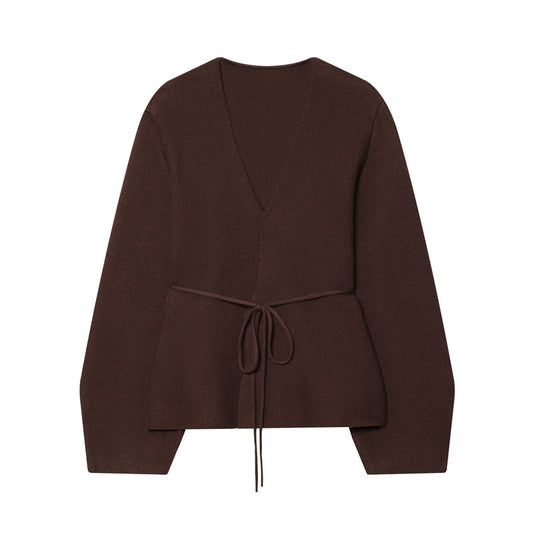 Damen modischer V-Ausschnitt Strickpullover mit taillierbarem Bindegürtel Stalluxe