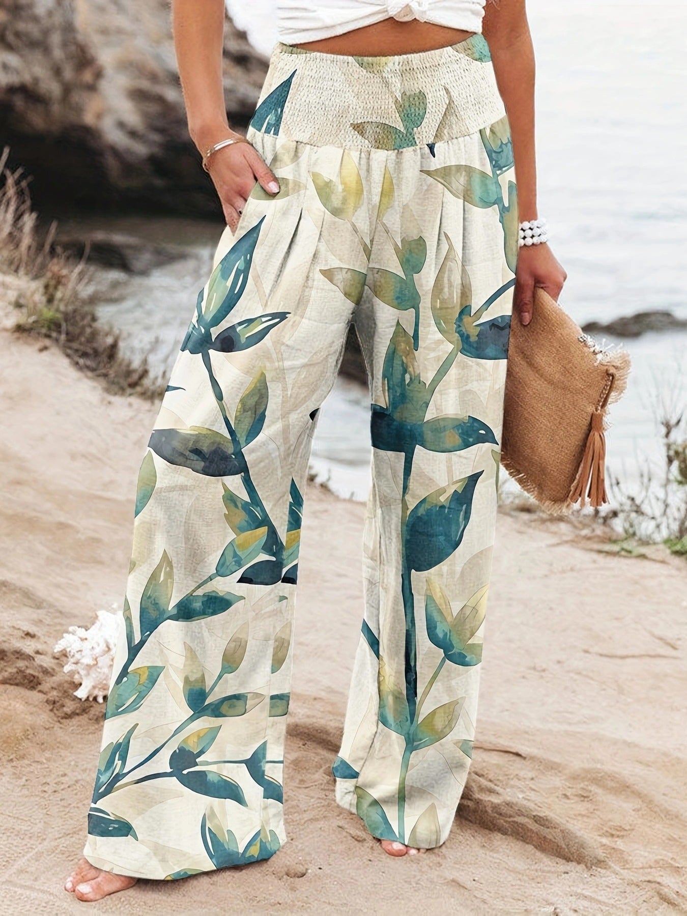 Damen Weit geschnittene Sommerhose mit floralem Print und elastischem Bund Stalluxe