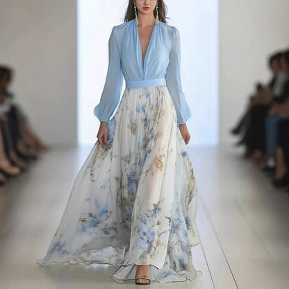 Damen Maxikleid mit floralem Chiffon und eleganten Puffärmeln Stalluxe