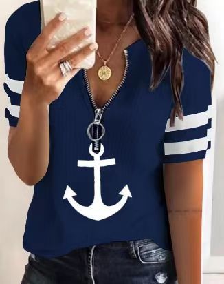 Damen Maritimes Kurzarm-Oberteil mit Reißverschluss und Ankerdesign Stalluxe