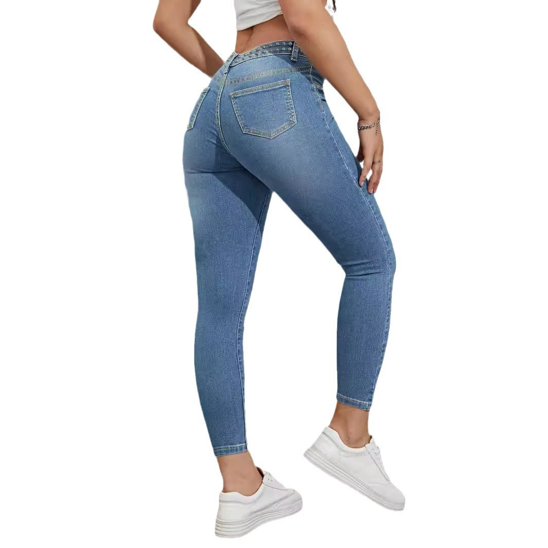 Damen Hochtaillierte Skinny Jeans mit Glitzerapplikationen Stalluxe