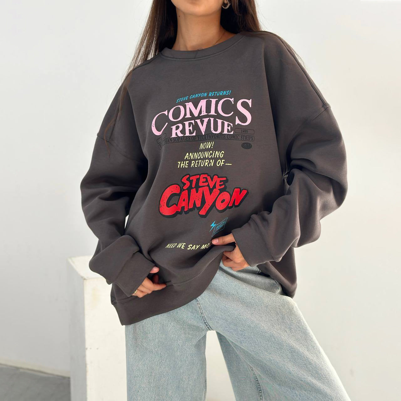 Damen Oversized Sweatshirt mit auffälligem Grafikdruck Stalluxe Dunkelgrau