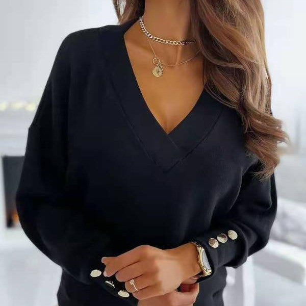 Damen Weicher Pullover mit tiefem V-Ausschnitt und dekorativen Knopfdetails Stalluxe