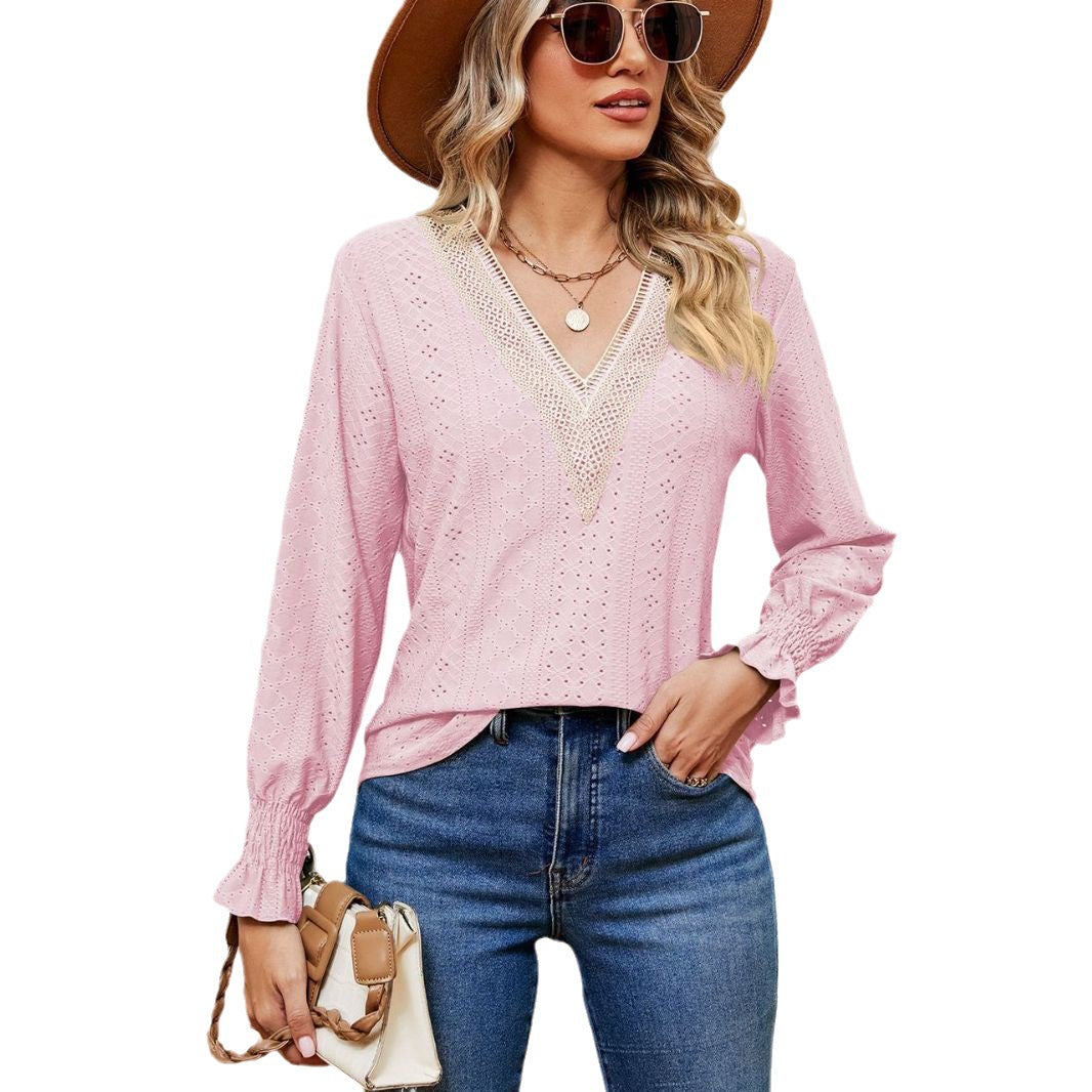 Damen Bluse mit luftigen Lochstickereien und V-Ausschnitt Stalluxe
