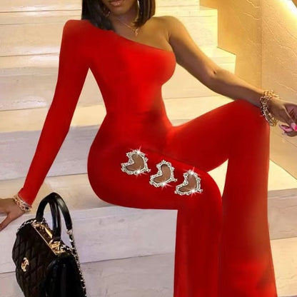Damen Eleganter Jumpsuit mit asymmetrischem Schnitt und Strassapplikationen Stalluxe