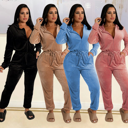 Damen Fleece-Jumpsuit mit Kapuze und elastischem Bund Stalluxe