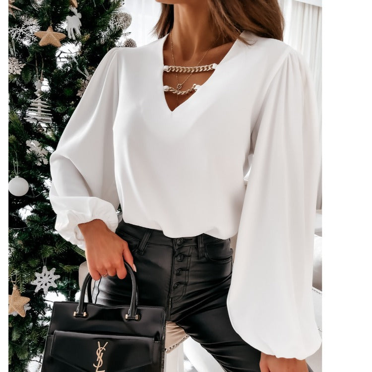 Damen Bluse mit voluminösen Ärmeln und V-Ausschnitt Stalluxe