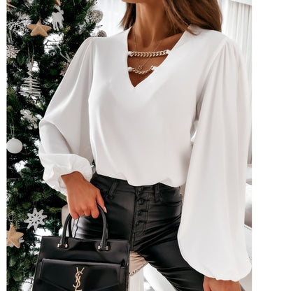 Damen Bluse mit voluminösen Ärmeln und V-Ausschnitt Stalluxe