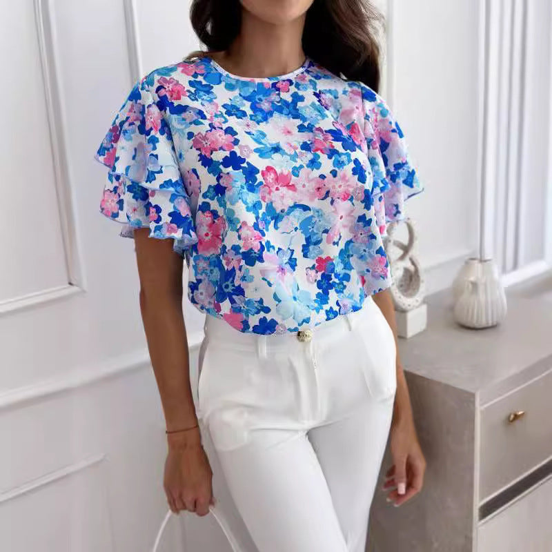 Damen Bluse mit voluminösen Rüschensäumen und floralem Druck Stalluxe