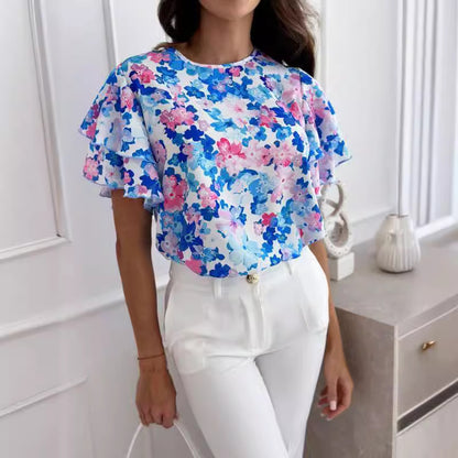 Damen Bluse mit voluminösen Rüschensäumen und floralem Druck Stalluxe