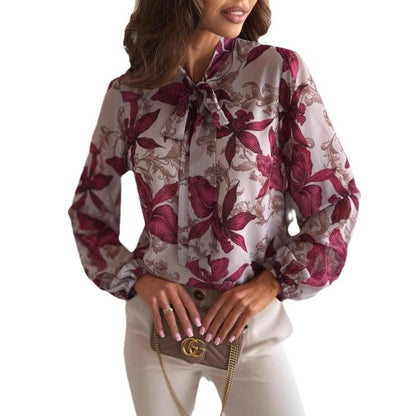 Damen elegante Bluse mit Schleifenkragen und floralem Druck Stalluxe