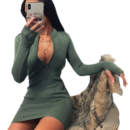 Damen Knit Kleid mit tiefem V-Ausschnitt und langen Ärmeln Stalluxe