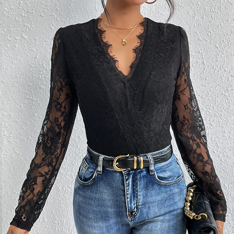 Damen Body mit romantischer Spitze und tiefem V-Ausschnitt Stalluxe