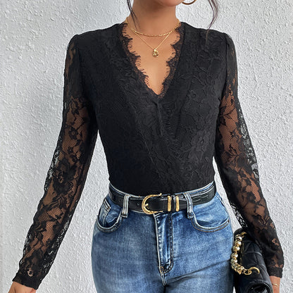 Damen Body mit romantischer Spitze und tiefem V-Ausschnitt Stalluxe