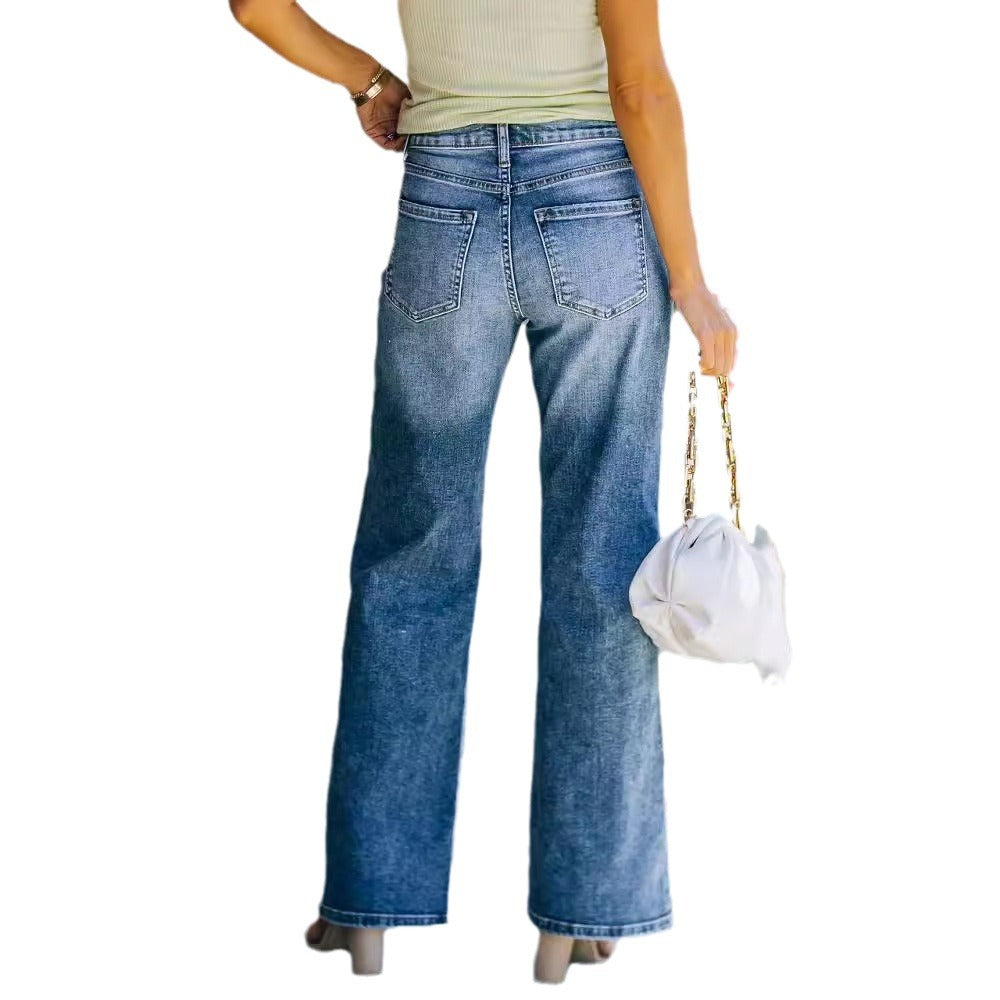 Damen Weit geschnittene Jeanshose mit hohem Bund und dezenten Waschungen Stalluxe