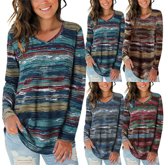 Damen V-Ausschnitt Langarmshirt mit gestreiftem Design und lockerer Passform Stalluxe