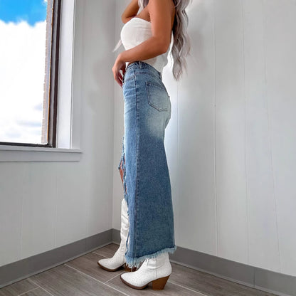 Damen Denim-Rock mit fransigem Saum und hohen Schlitzen Stalluxe