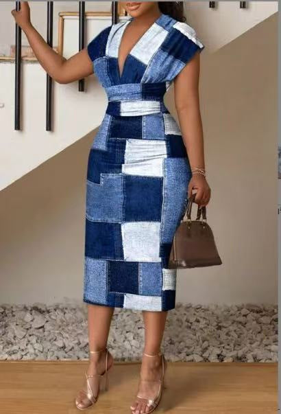 Damen Patchwork-Kleid im Jeansstil mit V-Ausschnitt und taillierter Silhouette Stalluxe