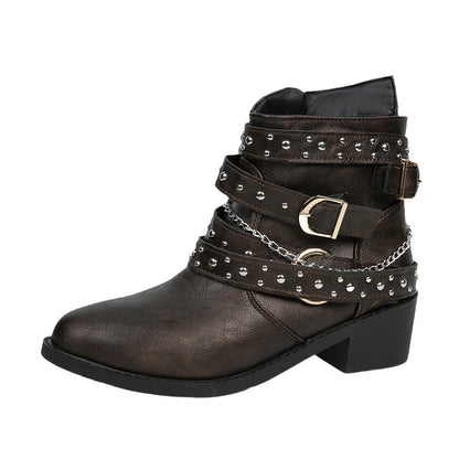 Damen modische Stiefeletten mit verzierten Riemen und Kettenelementen Stalluxe