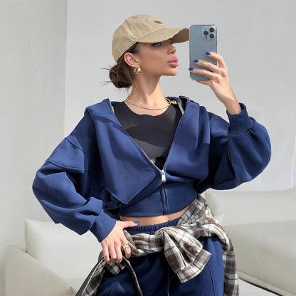 Damen sportliches Cropped-Set mit Reißverschluss und bequemen weiten Hosen Stalluxe