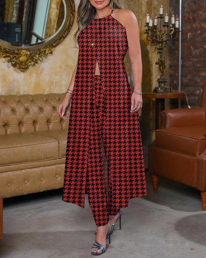 Damen Eleganter Overall mit hohem Kragen und modischem Karomuster Stalluxe