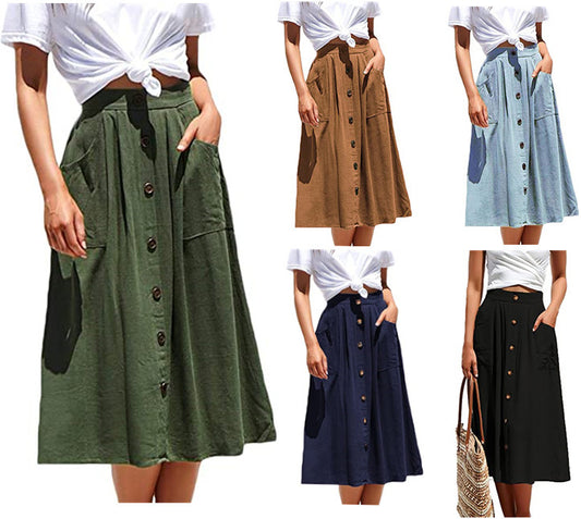 Women's Button-Front A-Line Skirt with Pockets Stalluxe