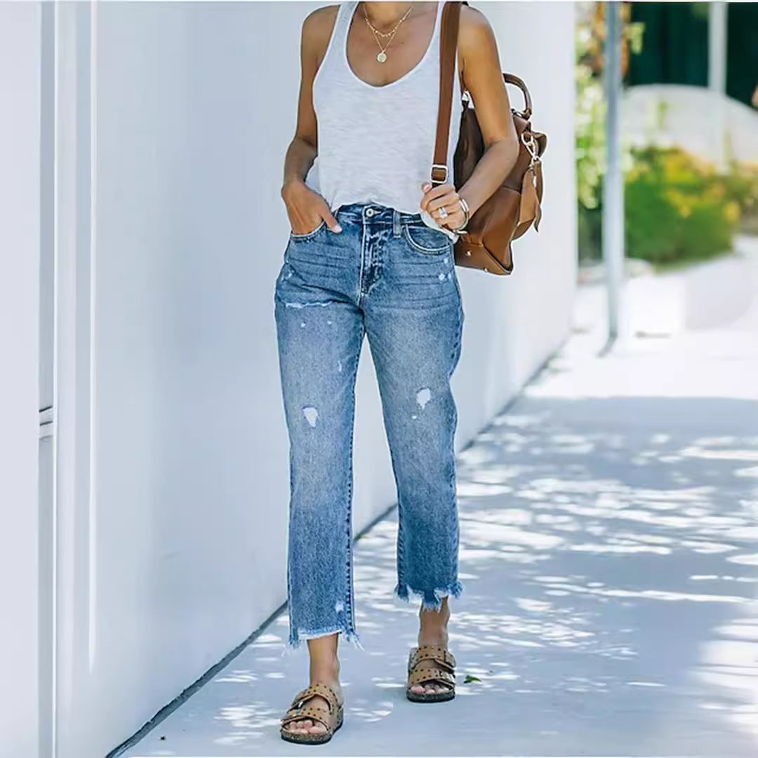 Damen Mom-Jeans mit hohem Bund und ausgefranstem Saum Stalluxe