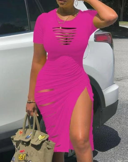 Damen figurbetontes Schlitzkleid mit Cut-Out-Details und Raffungen Stalluxe