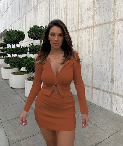 Damen Strick-Set mit Reißverschluss und langem Arm Stalluxe Dunkelbraun