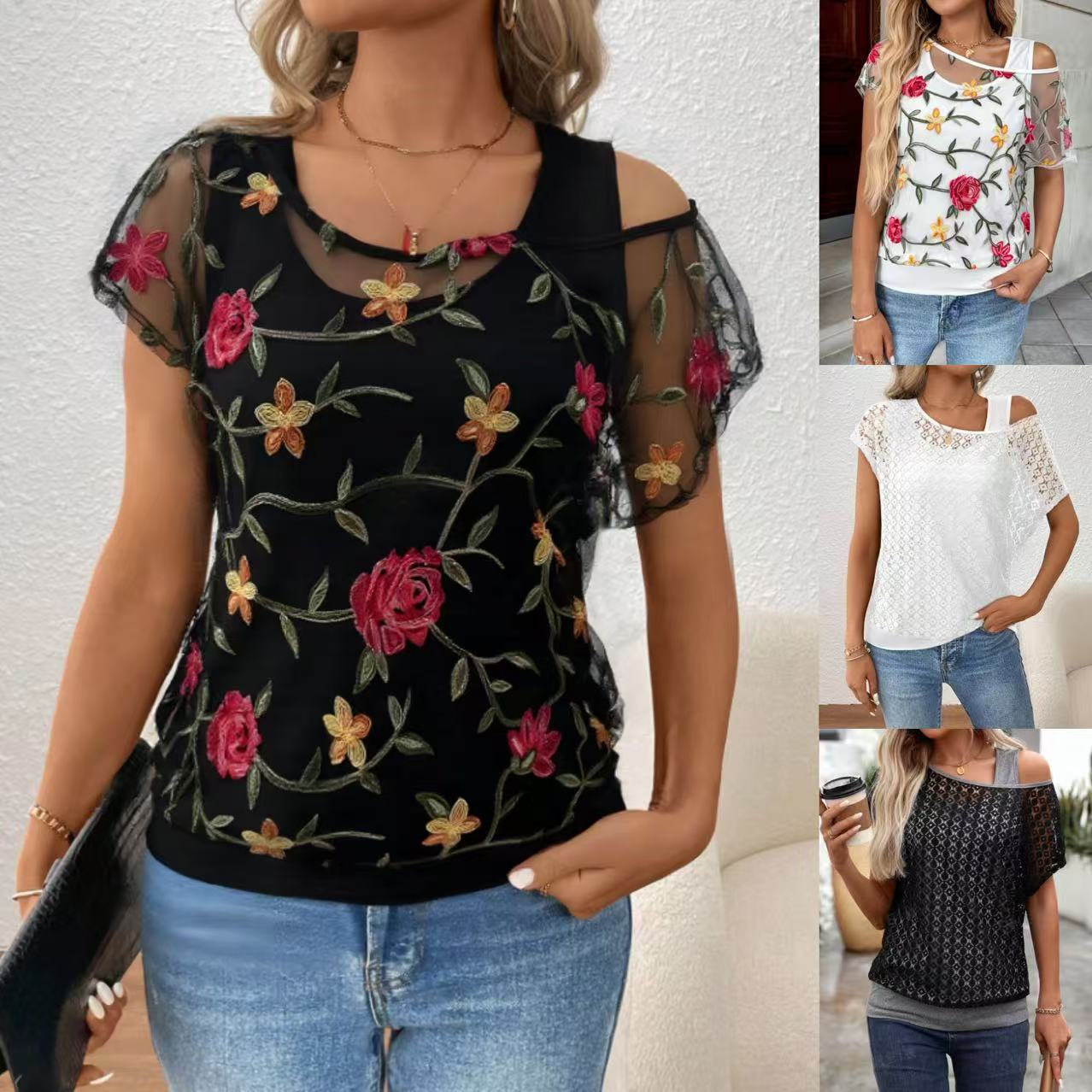 Damen Blouse mit floralen Applikationen Stalluxe