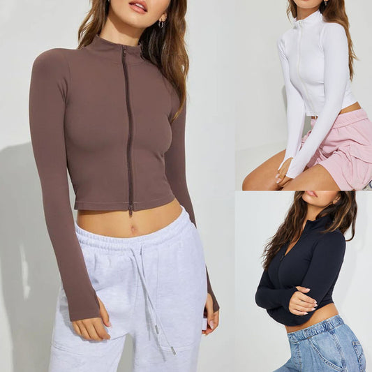 Damen Sportliches Cropped-Top mit langem Arm und Stehkragen Stalluxe