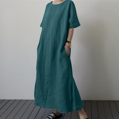 Damen Leinenmaxikleid mit weit geschnittenen Ärmeln und Taillengürtel Stalluxe