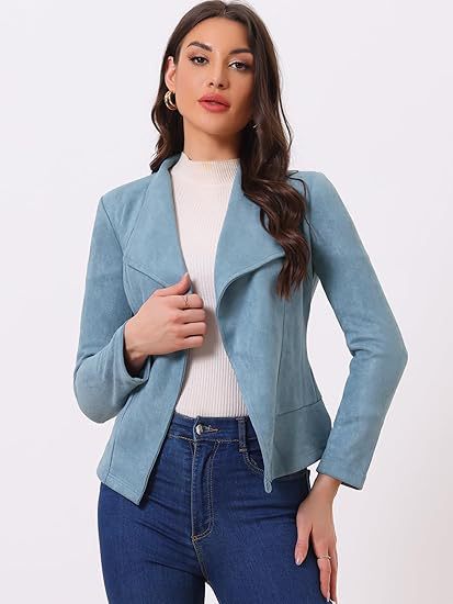 Damen modische Synthetiklederjacke mit offenem Schnitt und Taschen Stalluxe