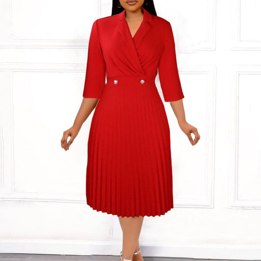 Damen elegantes Wickelkleid mit Plissee-Design und Bürokragen Stalluxe