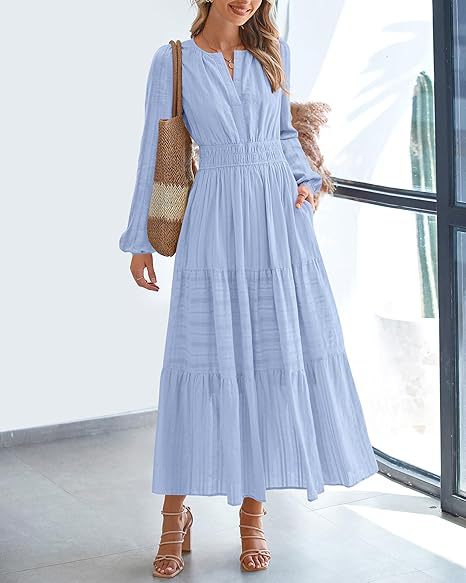 Damen Maxikleid mit eleganten Ärmeln und raffiniertem Taillengummi Stalluxe