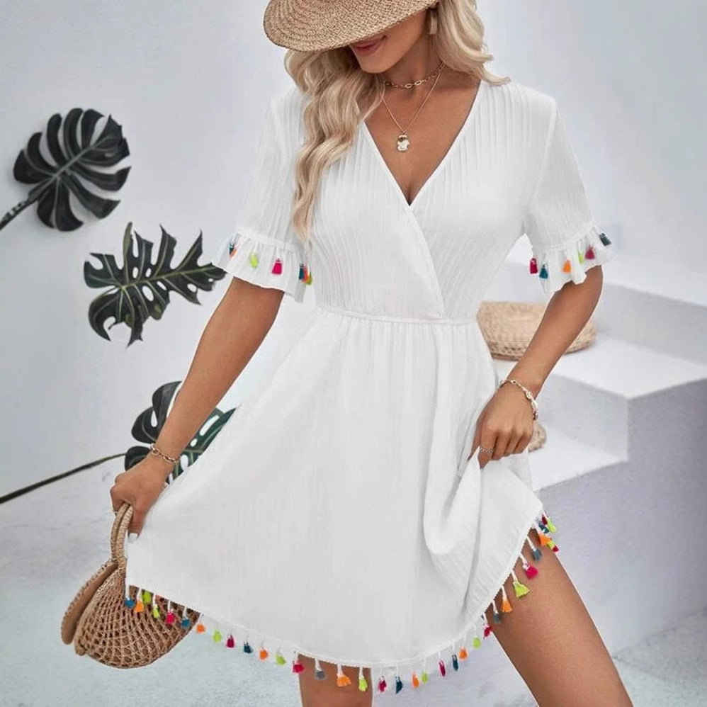 Damen Sommerkleid mit verspielten Volants und bunten Quasten Stalluxe