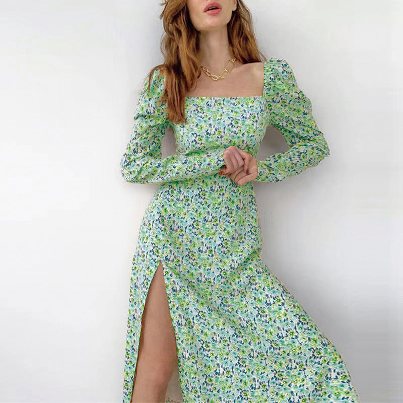 Damen Blütendes Maxikleid mit asymmetrischem Schlitz und Puffärmeln Stalluxe