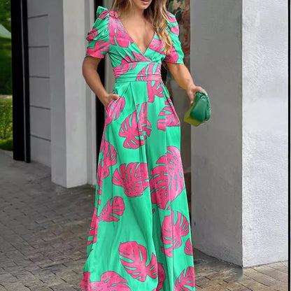 Damen Maxi-Kleid mit tiefem V-Ausschnitt und Puffärmeln Stalluxe