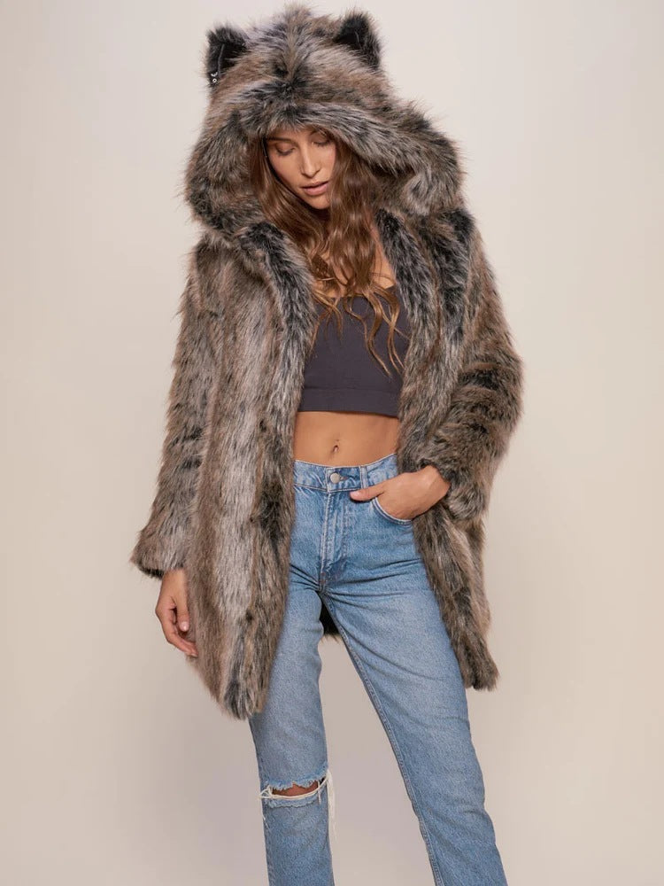 Damen Hooded Faux-Fur-Mantel mit Ohrenschützer Stalluxe Grau