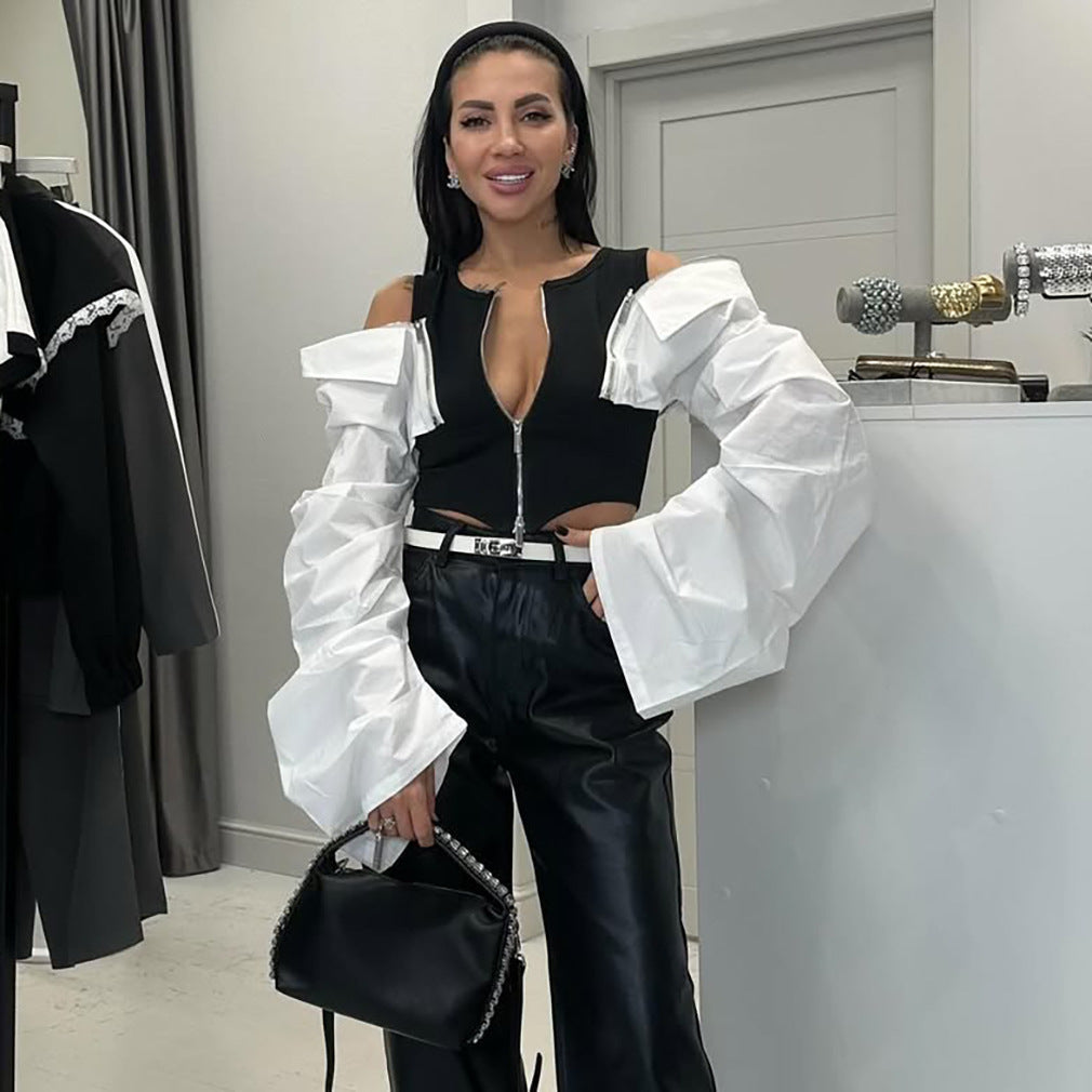 Damen Modisches Oberteil mit auffälligen Puffärmeln und Reißverschluss Stalluxe